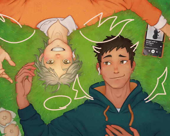 Daichi and Suga by the grass listening to Angel with a Shotgun